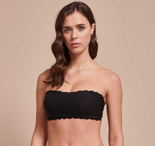 Women wearing a EGi Laser Cut Cotton Bandeau, crafted in Italy, that boasts a sleek fabric design and enhanced flexibility.