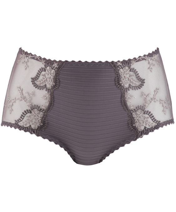 Louisa Bracq's Élise collection is finished with a full-brief which shows off embroidered leaves with pearlescent glints, accompanied by see-through tulle for a seductive display of transparency.