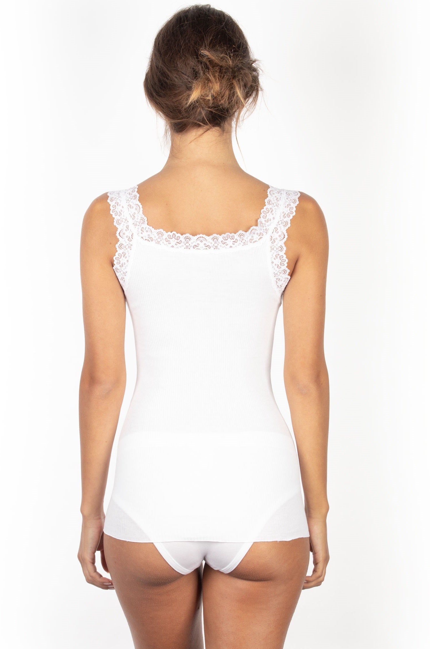 This Italian-crafted Ribbed Cotton Lace Straps Camisole is created with a lightweight cotton fabric woven with a tubular knit, providing smooth, uninterrupted sides.