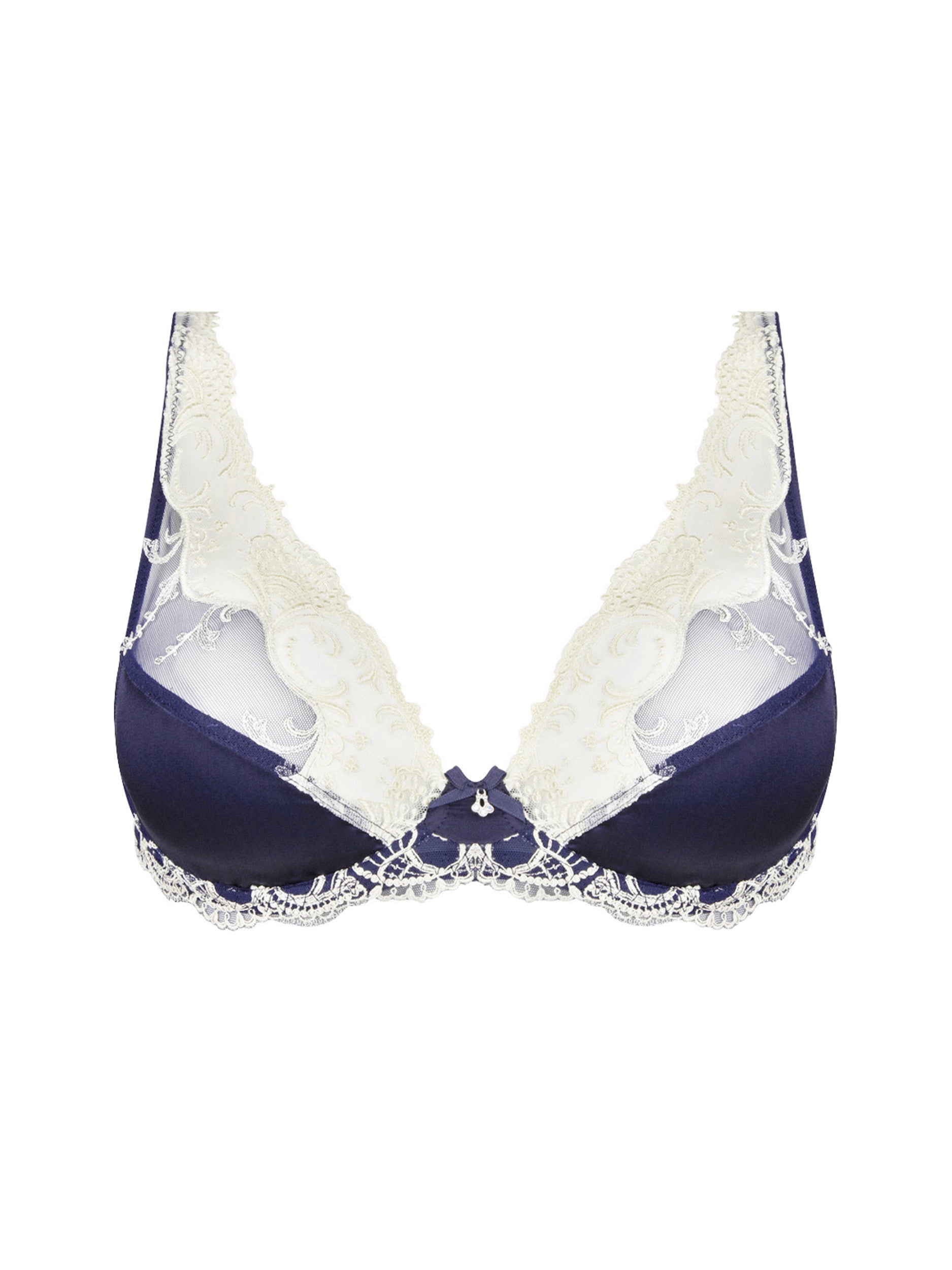 The Splendeur Soie line by Lise Charmel presents a luxurious triangle bra crafted with a satin-silk fabric and intricate Italian-made embroidery.