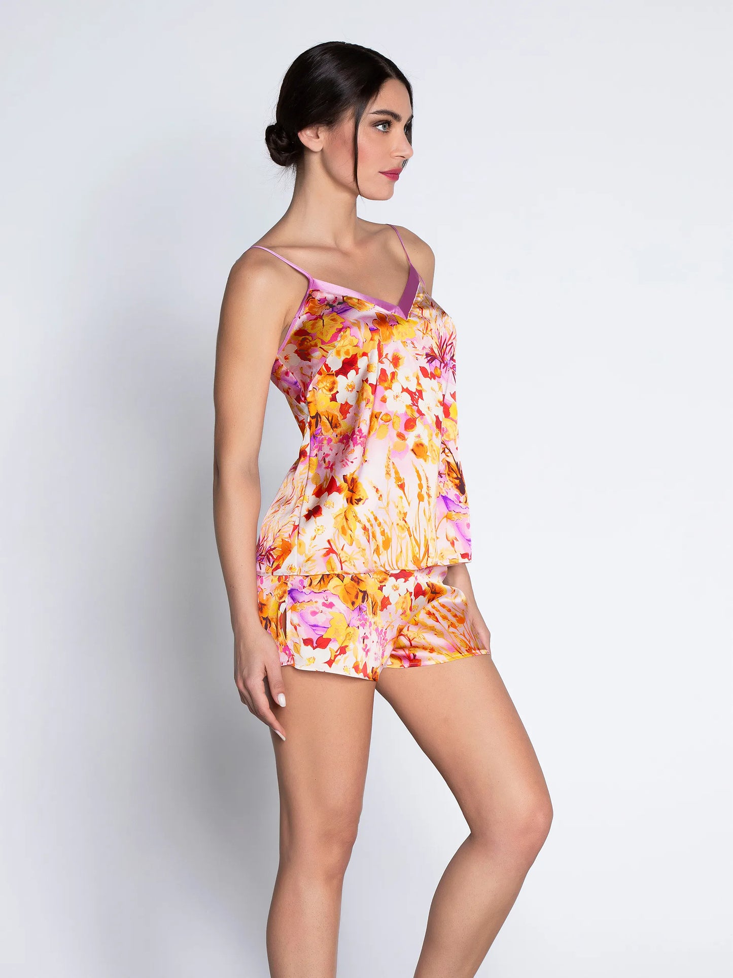 Women is wearing Jardins de Lumière Silk Camisole with matching shorts (shorts sold separately)