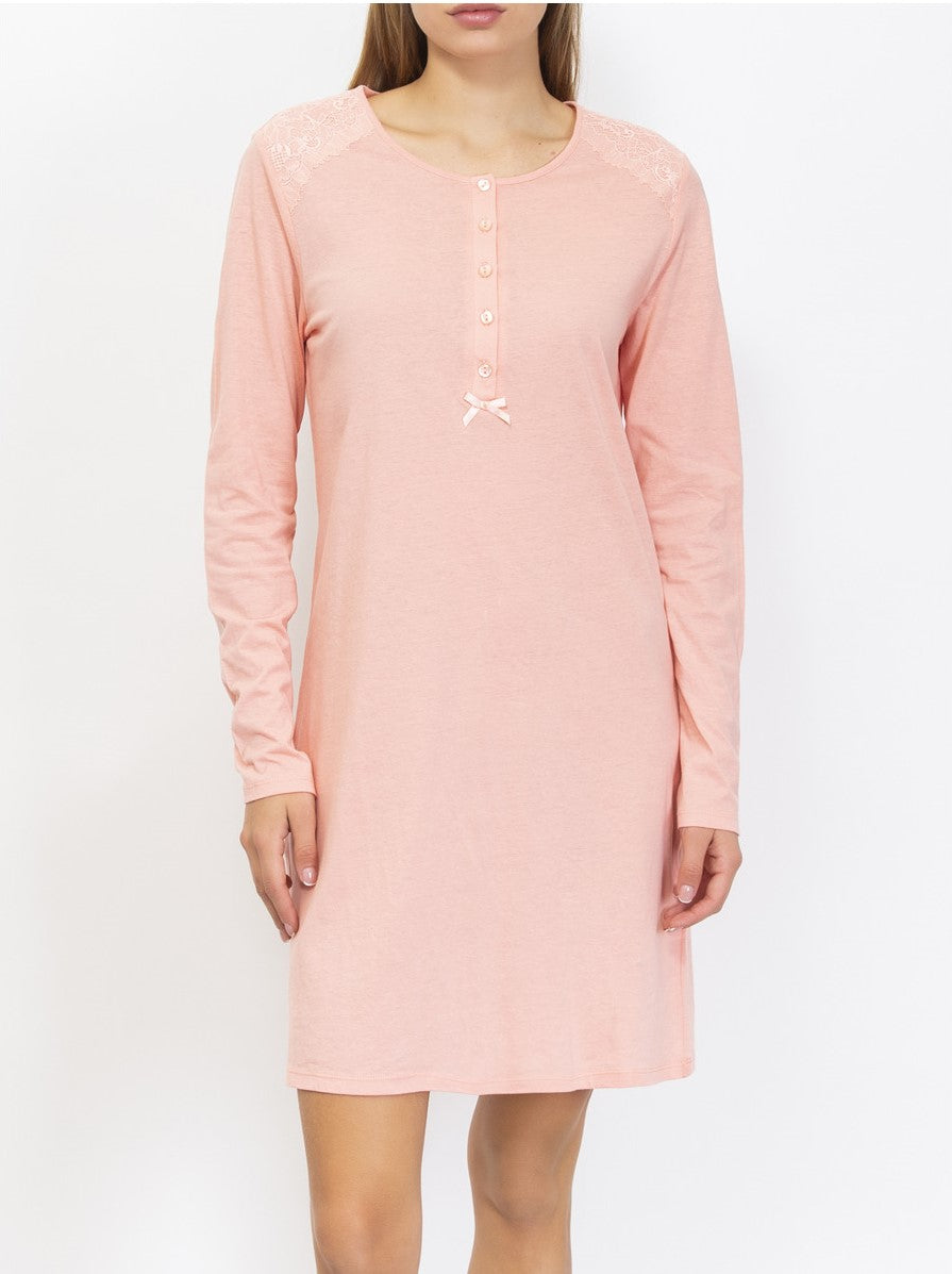 Verdissima's long-sleeved nightgown features a macro-flower motif lace insert for a modern, yet refined design.