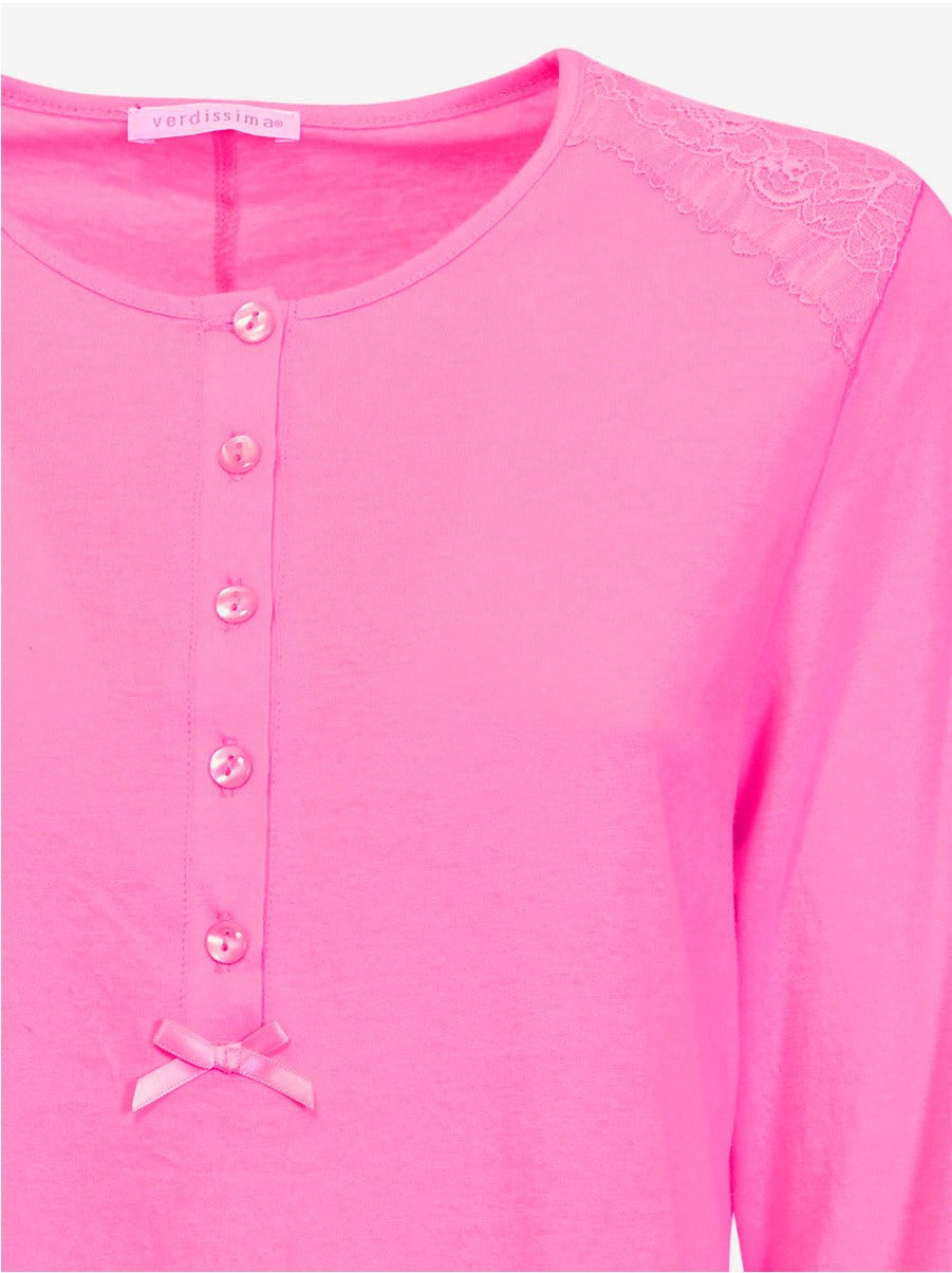 Verdissima's long-sleeved nightgown features a macro-flower motif lace insert for a modern, yet refined design.