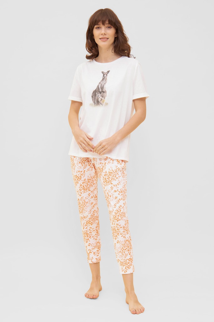 Model is wearing Be Happy Cotton T-Shirt with Animal Motif front picture with matching bottom (sold separately)