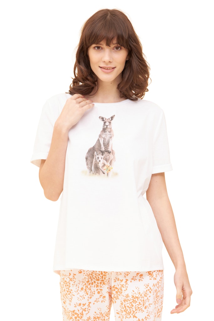 Model is wearing Be Happy Cotton T-Shirt with Animal Motif front picture with matching bottom (sold separately)