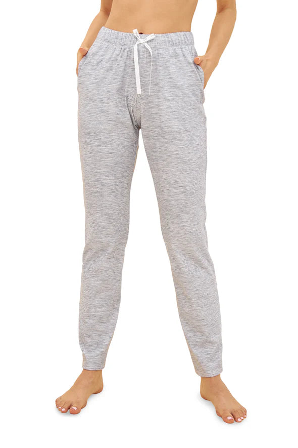 Model is wearing Be Happy Blue Melange Look Cotton Pants front look