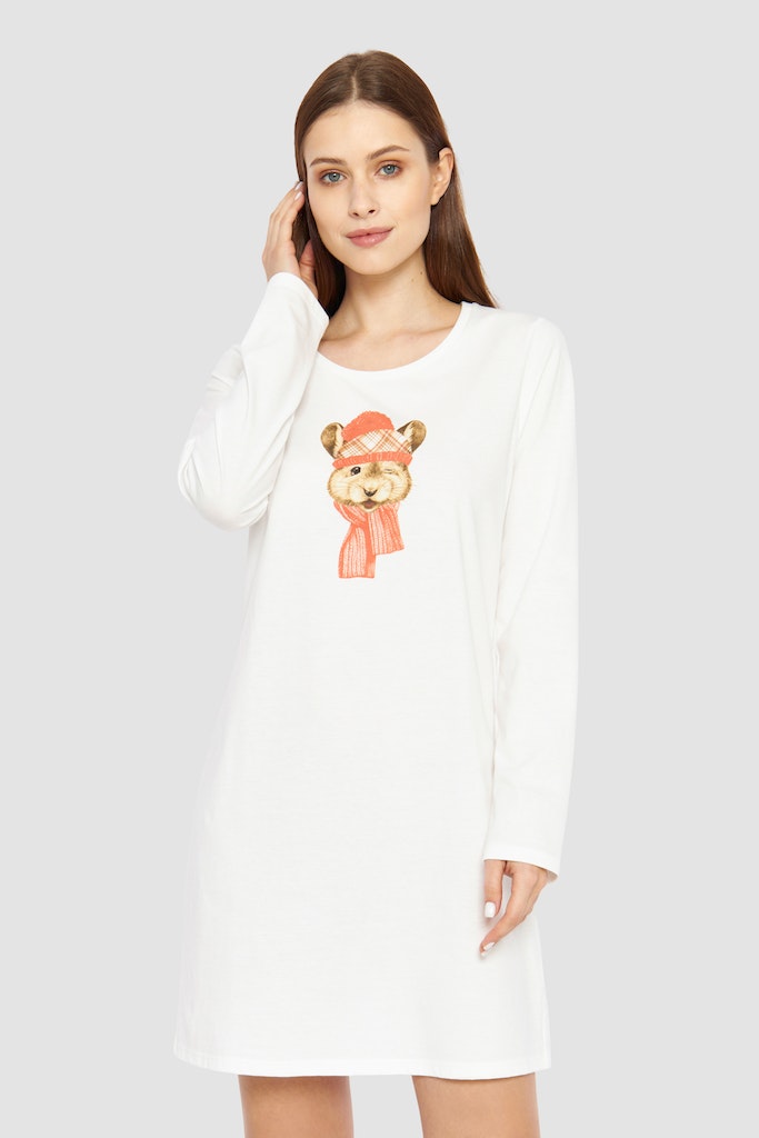 Women is wearing Be Happy Jersey Cotton Night Shirt front picture