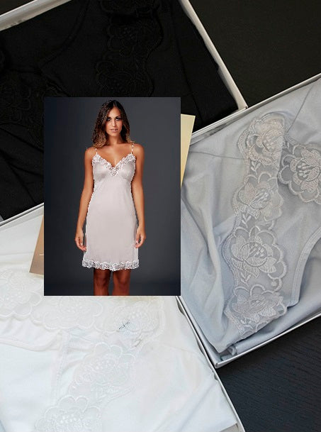 Spaghetti straps, embroidered lace slip by Andra, made in Italy, at Di Moda Lingerie Toronto.