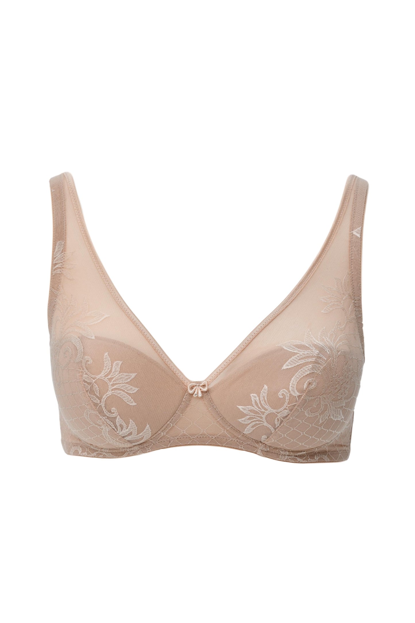 This Italian-crafted wireless bra from Leilieve's Free line utilizes a soft, elastic Jacquard fabric, featuring a distinctive amalgam of floral and geometric patterns. Light padding (approx. 3mm) is adjoined solely along the bottom of each cup's seam, allowing the fabric to adapt to the contours of the breast.  Full coverage, wire-free