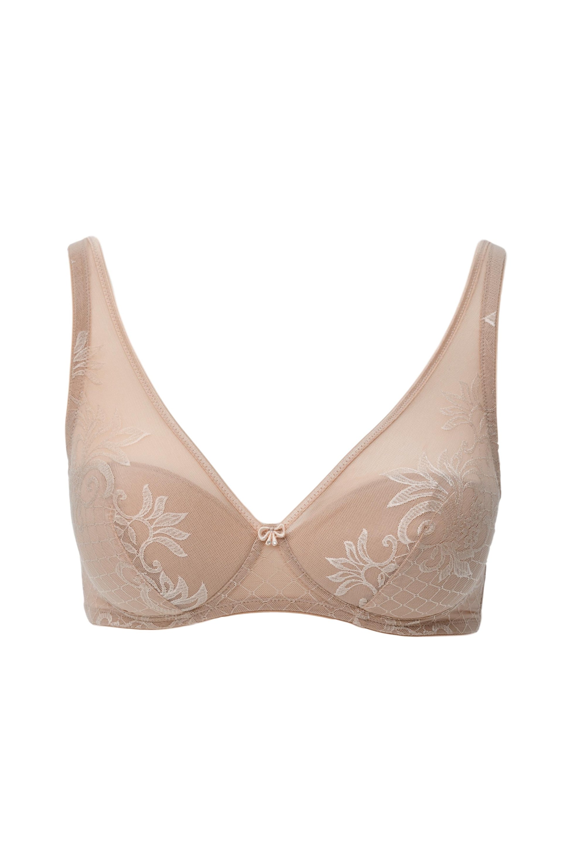 This Italian-crafted wireless bra from Leilieve's Free line utilizes a soft, elastic Jacquard fabric, featuring a distinctive amalgam of floral and geometric patterns. Light padding (approx. 3mm) is adjoined solely along the bottom of each cup's seam, allowing the fabric to adapt to the contours of the breast.  Full coverage, wire-free
