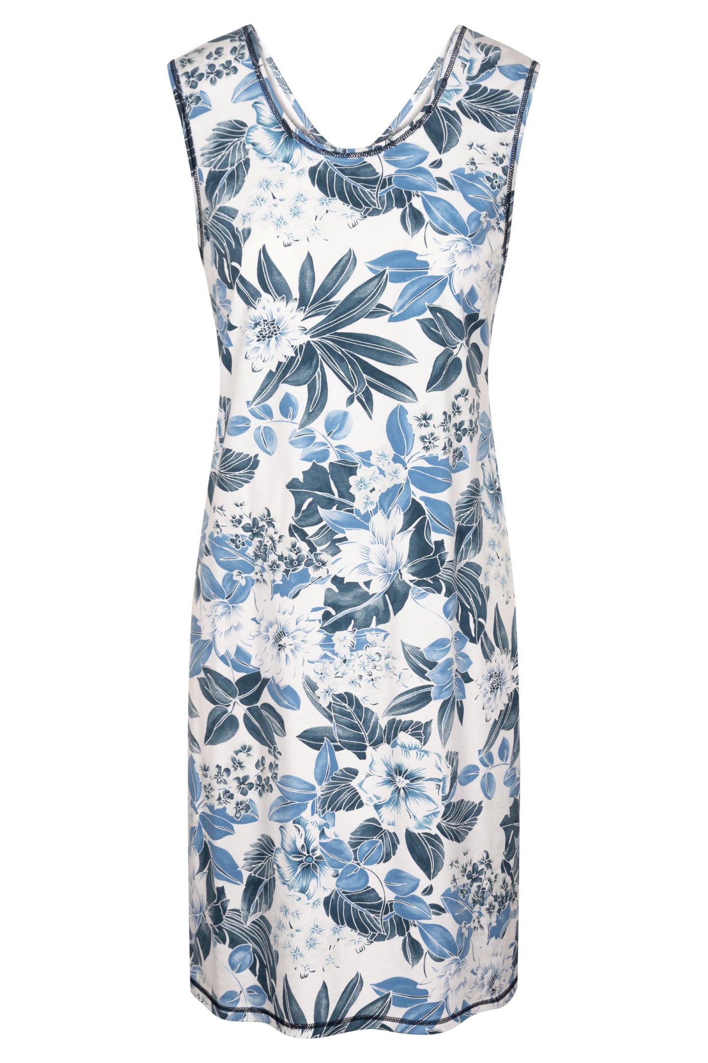 This nightgown from Rösch's Smart Casual collection is crafted from lightweight, supple single jersey cotton fabric, embellished with an indigo floral print. It is designed with a flattering, relaxed fit that ensures optimum comfort and ease of movement.  Sleeveless  Round-neck Stretchable cotton fabric The model is 176 cm tall and wears this item in a size M Made in EU, imported