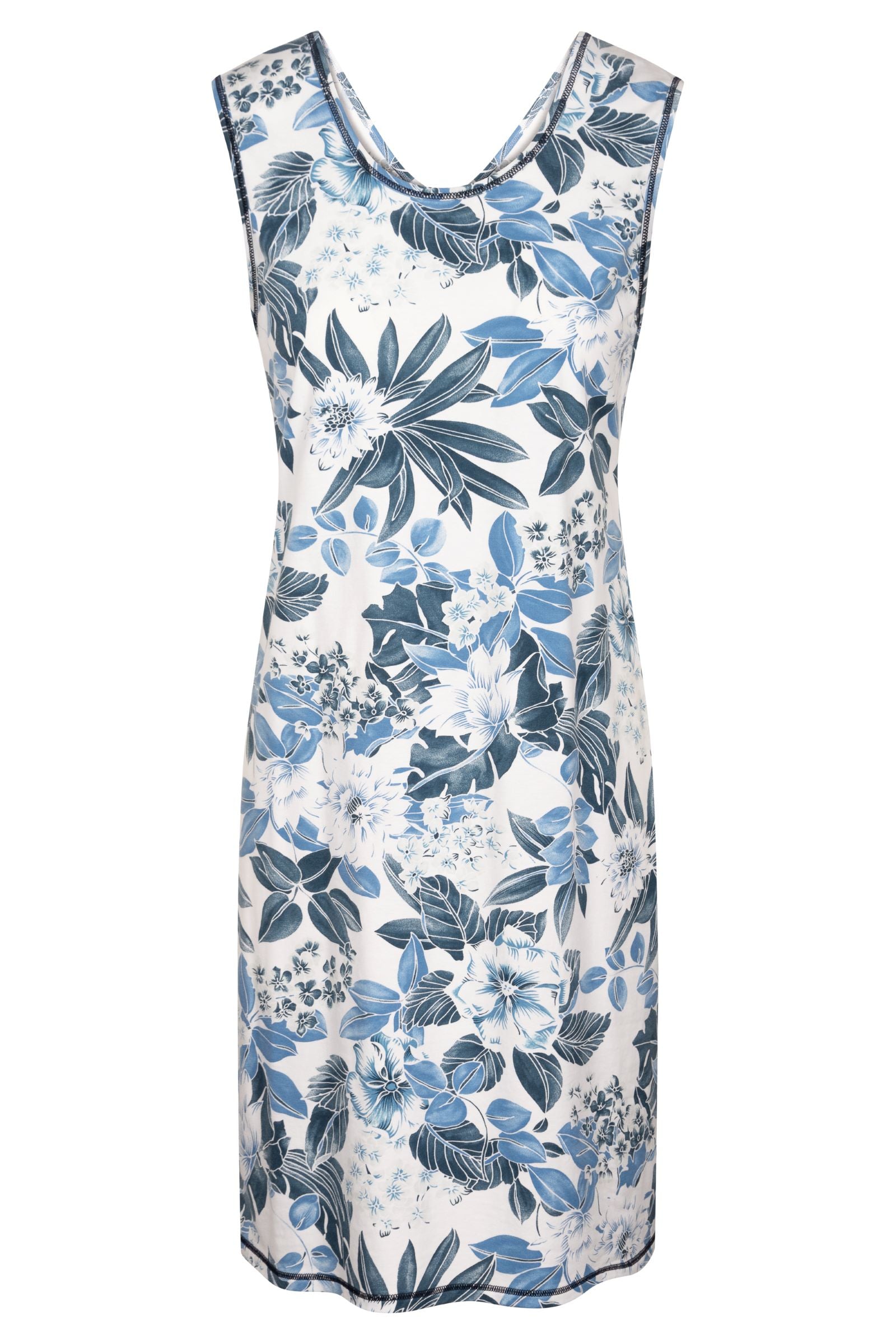 This nightgown from Rösch's Smart Casual collection is crafted from lightweight, supple single jersey cotton fabric, embellished with an indigo floral print. It is designed with a flattering, relaxed fit that ensures optimum comfort and ease of movement.  Sleeveless  Round-neck Stretchable cotton fabric The model is 176 cm tall and wears this item in a size M Made in EU, imported