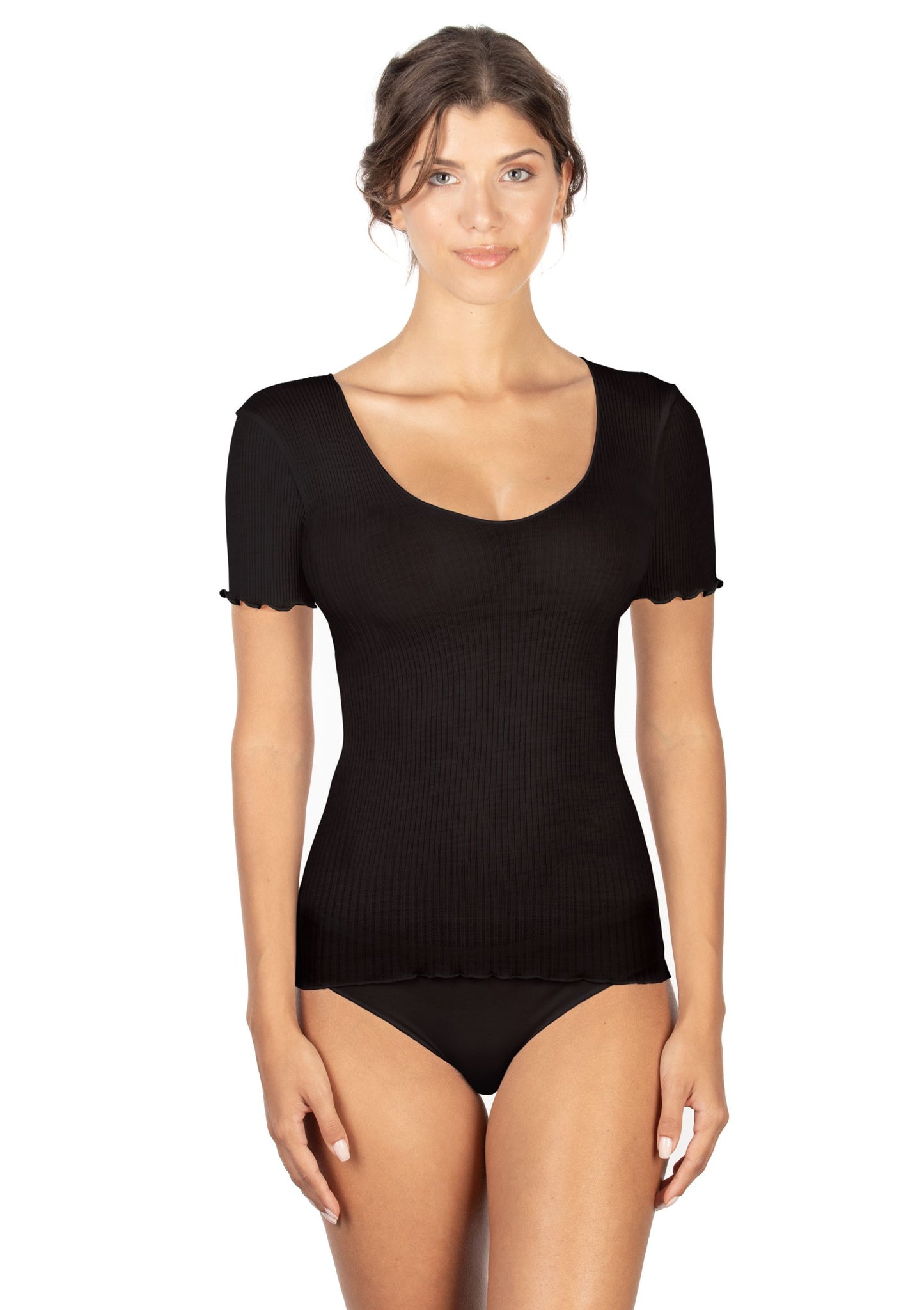 Black super soft short sleeve top from the Wool & Silk line by EGi from Italy at Di Moda Lingerie Toronto