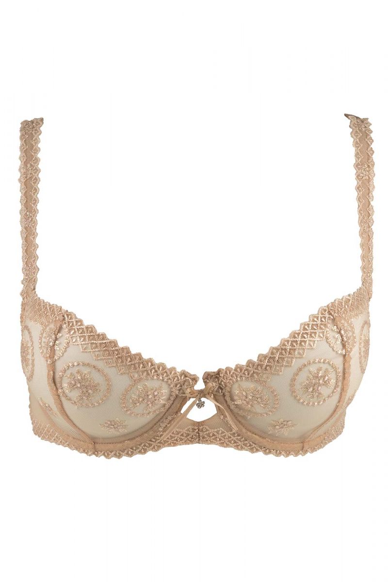 The Chantilly Medallions Balcony Bra from the Louisa Bracq line features a geometric border that accents the lustrous medallions on the cups.