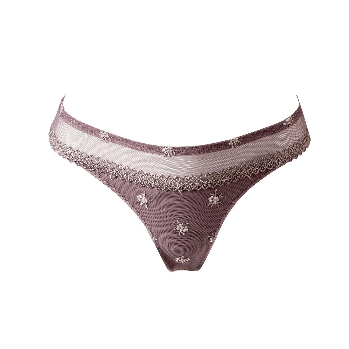 The Chantilly line by Louisa Bracq thong features a geometric border-line complemented by shimmering iridescent medallions, providing a sophisticated and refined air.