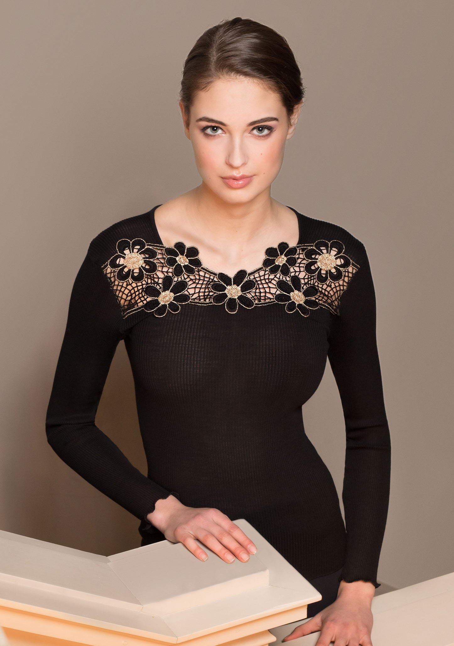 Balck Luxury Wool-Silk  Battenberg Lace Top at Di Moda Lingerie Toronto