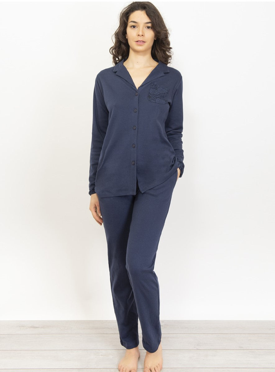 Navy blue two-piece cotton pajamas set by SIeLEI from Italy at DiModa Lingerie Toronto