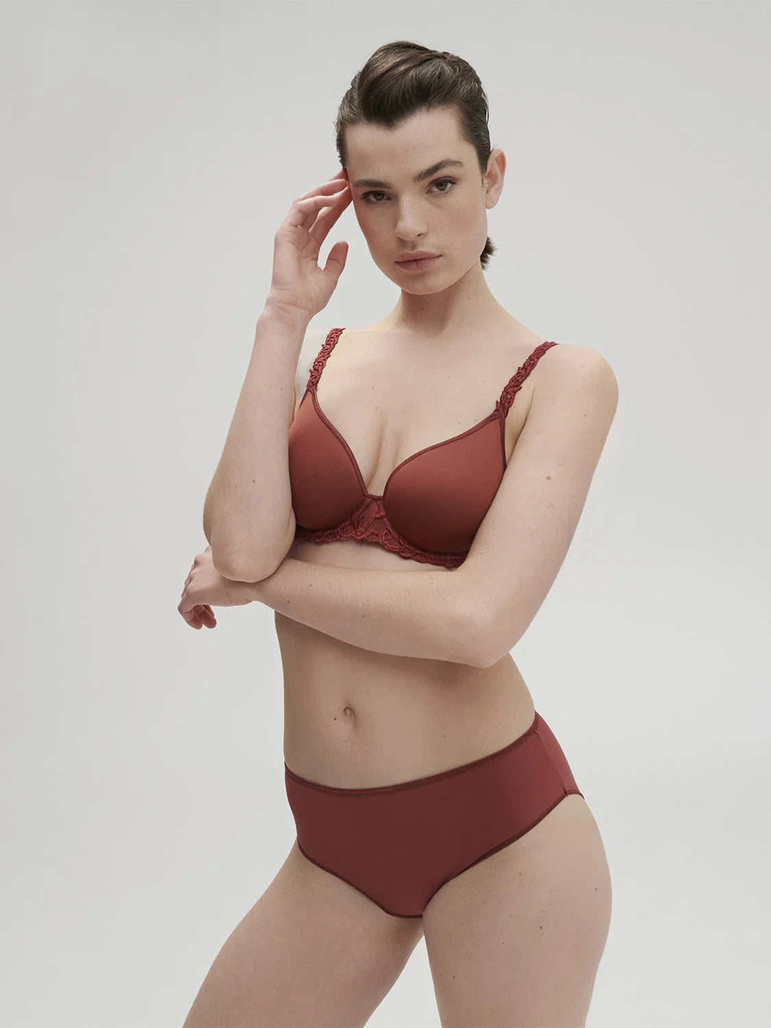 Model is wearing Andora Embroidered Retro Brief front picture with matching bra (sold separately)
