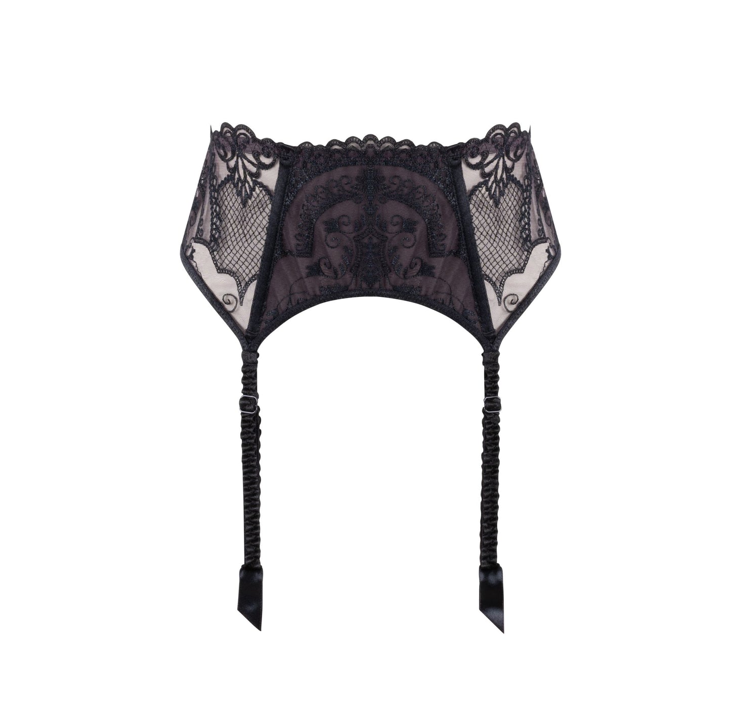 Luxuriously embroidered mesh garter-belt by Louisa Bracq from France at Di Moda Lingerie Toronto.