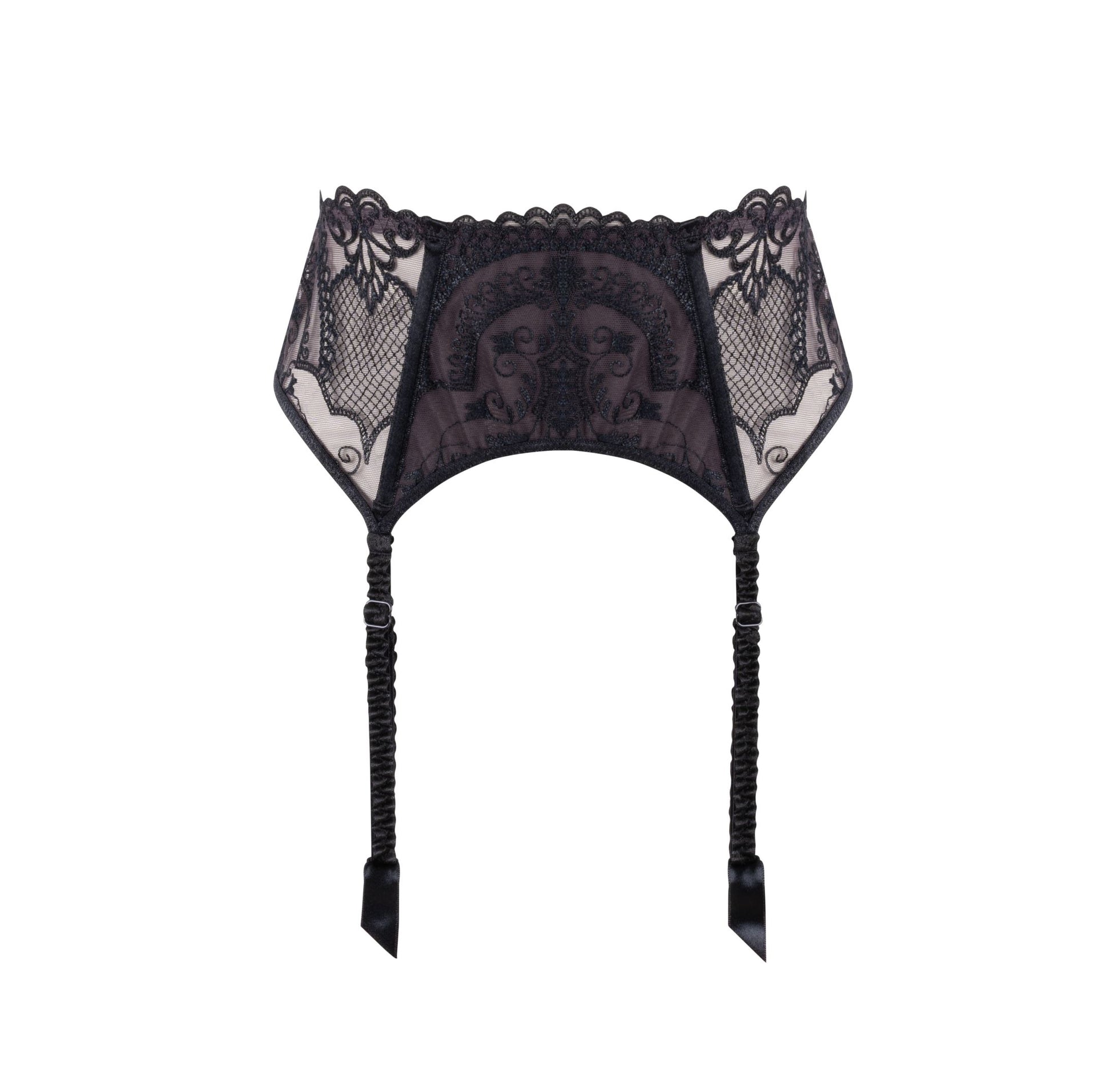Luxuriously embroidered mesh garter-belt by Louisa Bracq from France at Di Moda Lingerie Toronto.