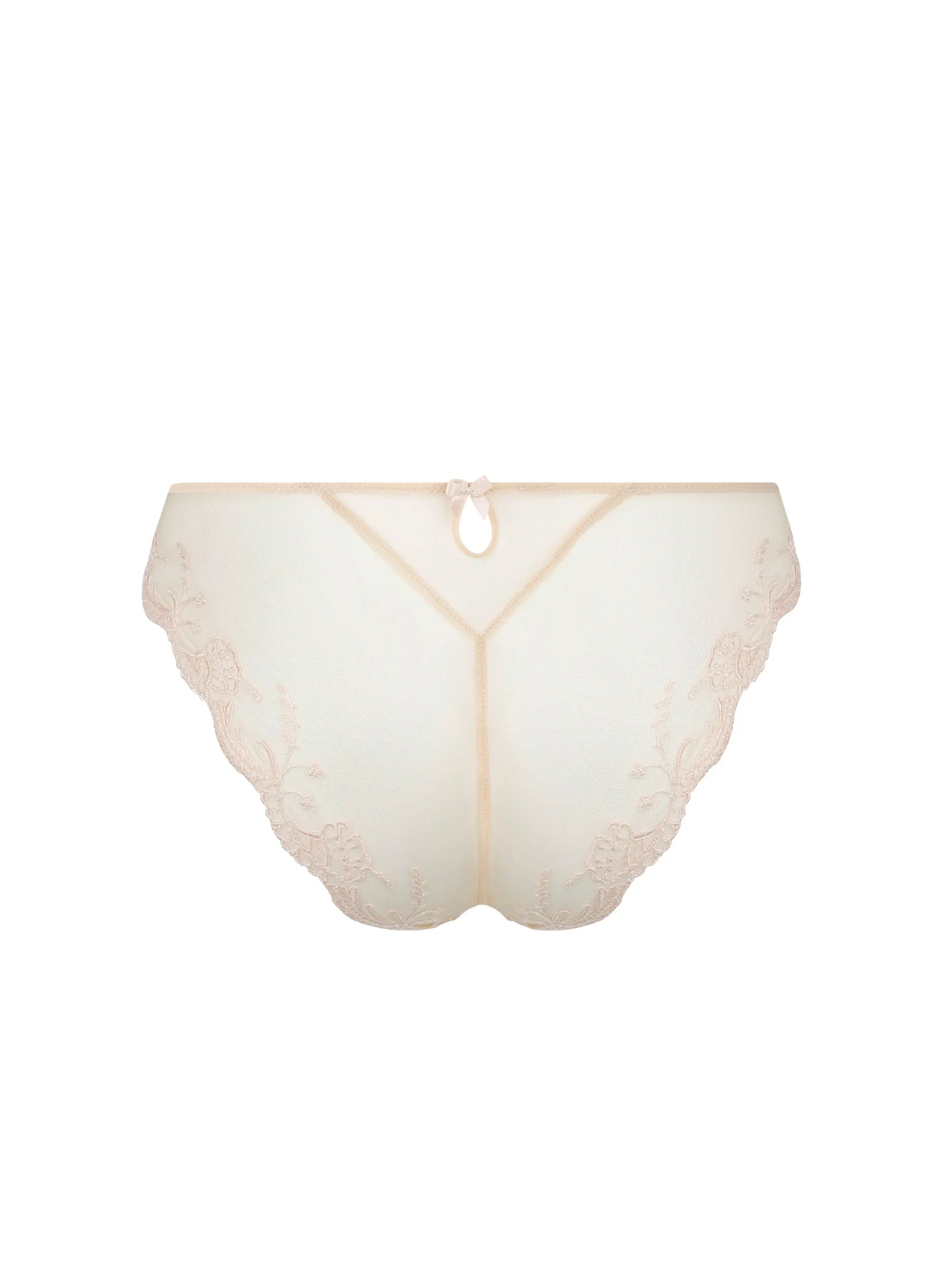 White bikini bottom with scalloped edge on a white background