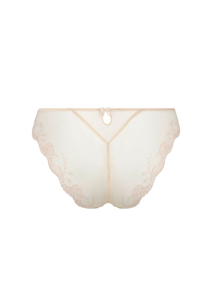 White bikini bottom with scalloped edge on a white background
