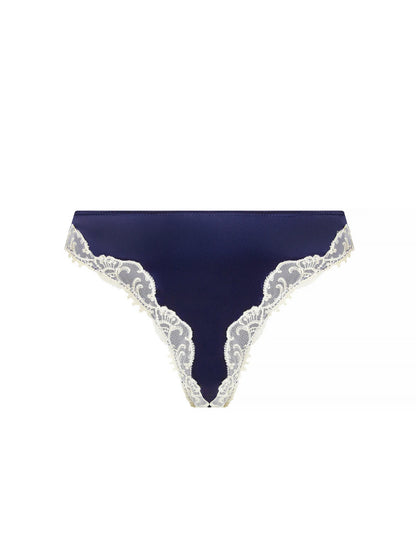 Navy blue lace-trimmed underwear on a white background