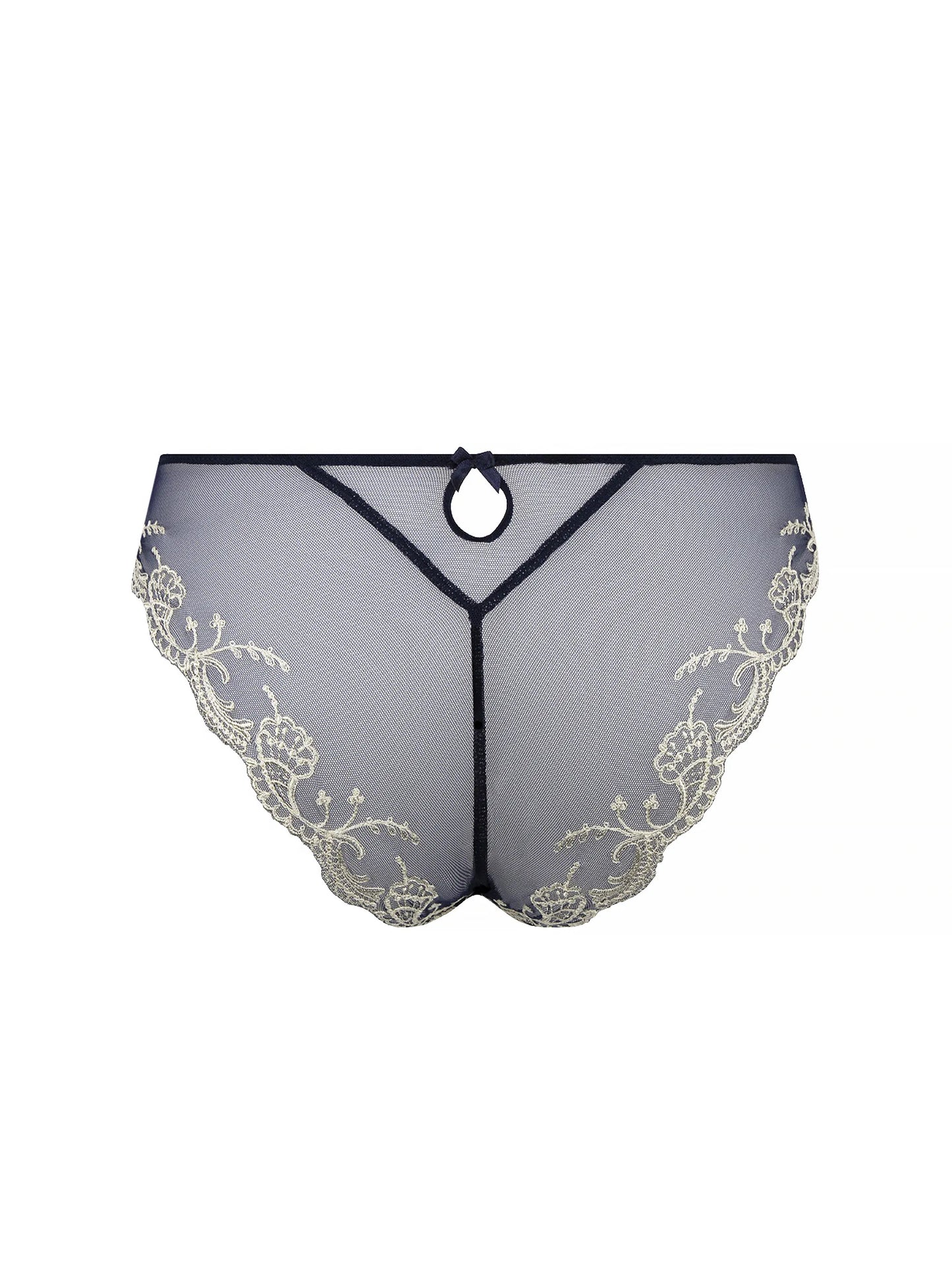 Sheer black lace lingerie with floral embroidery on a white background