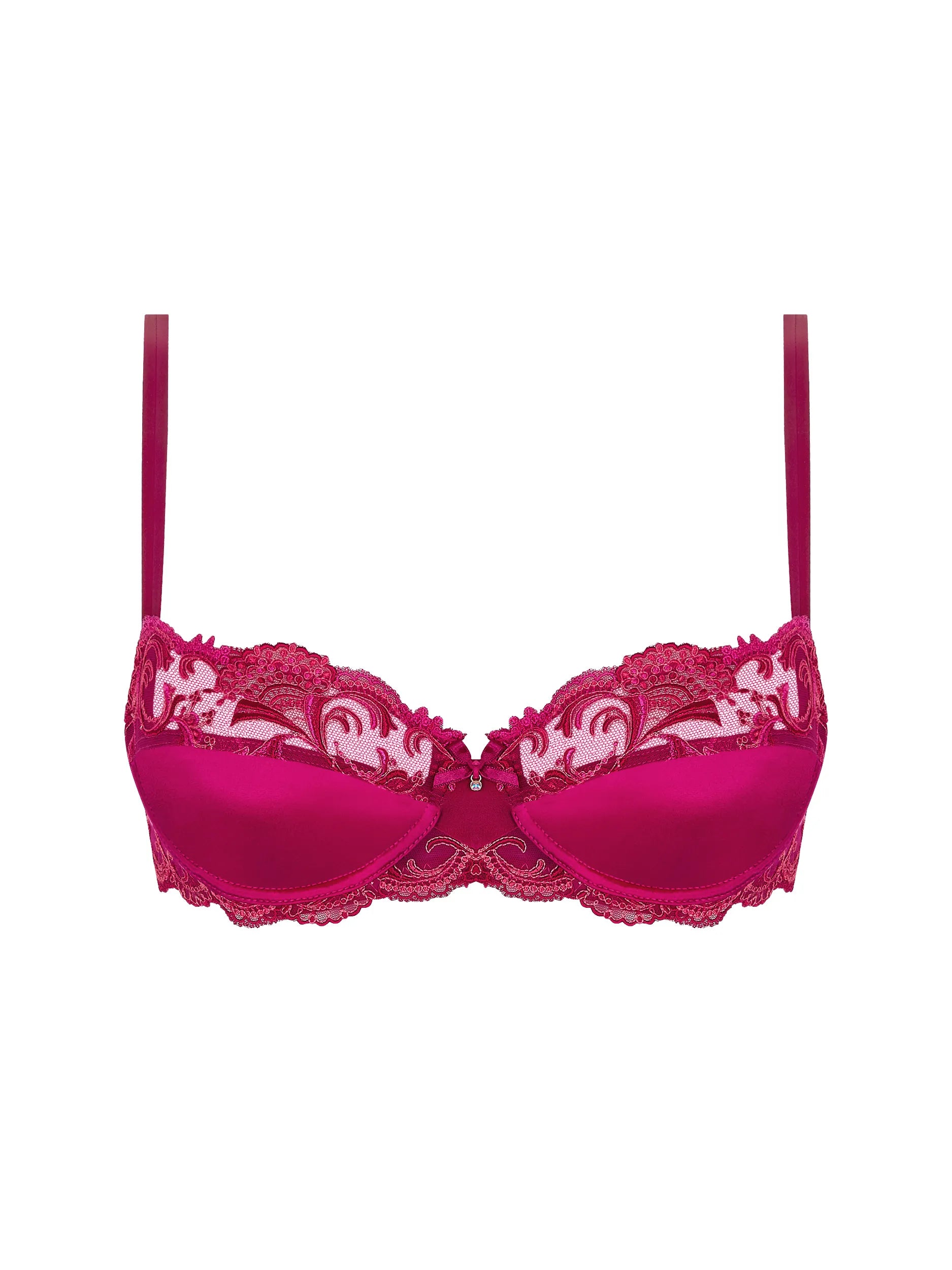 Pink lace bra on a white background