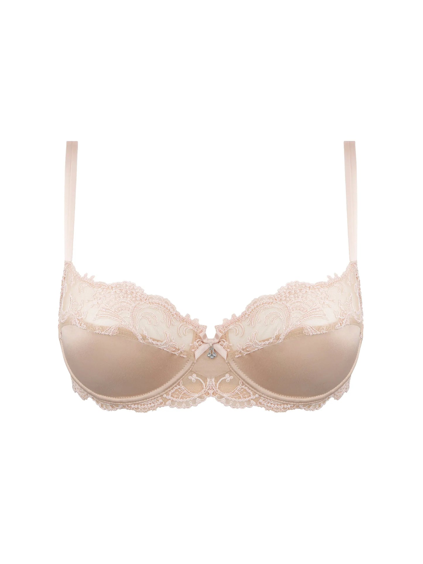 Beige bra with lace details on a white background
