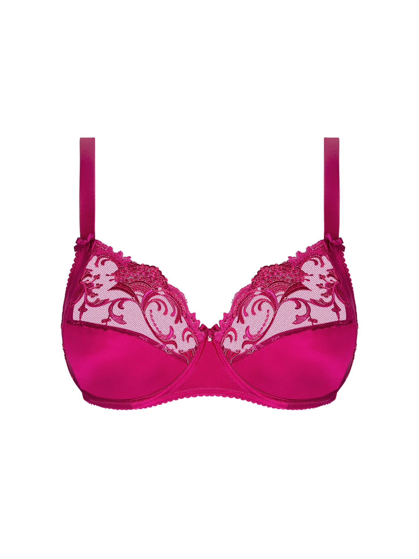 Pink bra with lace details on a white background