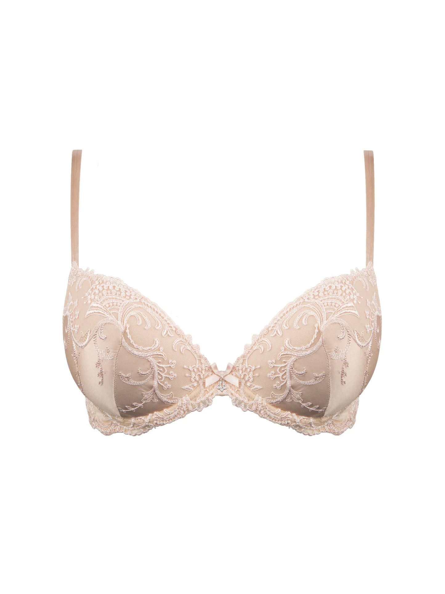 Beige bra with lace details on a white background