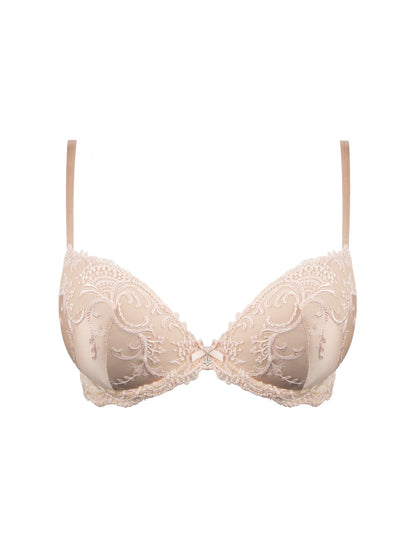 Beige bra with lace details on a white background