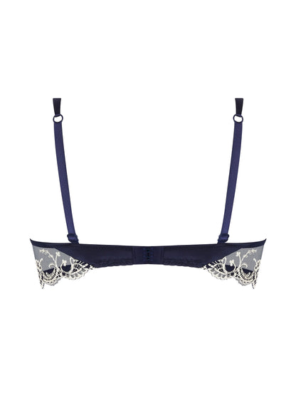 Navy blue bra with lace trim on a white background