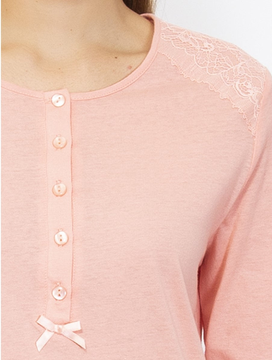 Verdissima's long-sleeved nightgown features a macro-flower motif lace insert for a modern, yet refined design. 