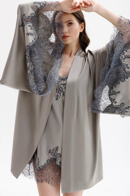 Gray silk short nightgown with floral French lace and matching peignoir (sold separately)  