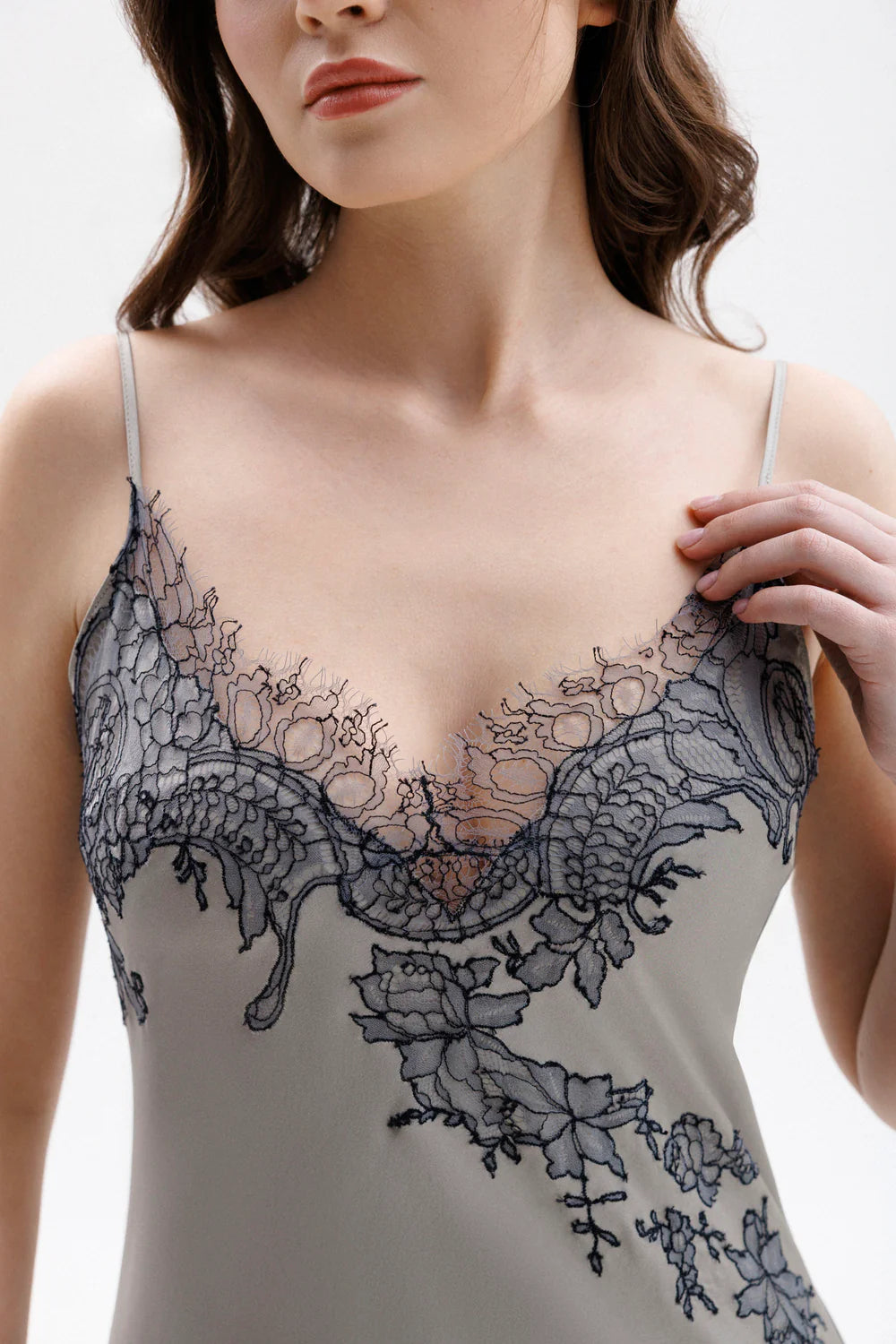 Lace-trimmed silk night dress with spaghetti straps