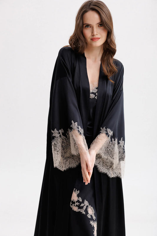 Woman wearing a long classy silk kimono stile dressing gown with matching elegant silk nightdress with floral Leavers Lace embroidery (sold separately). Full front picture.