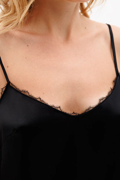 Black lace-trimmed spaghetti straps silk top 