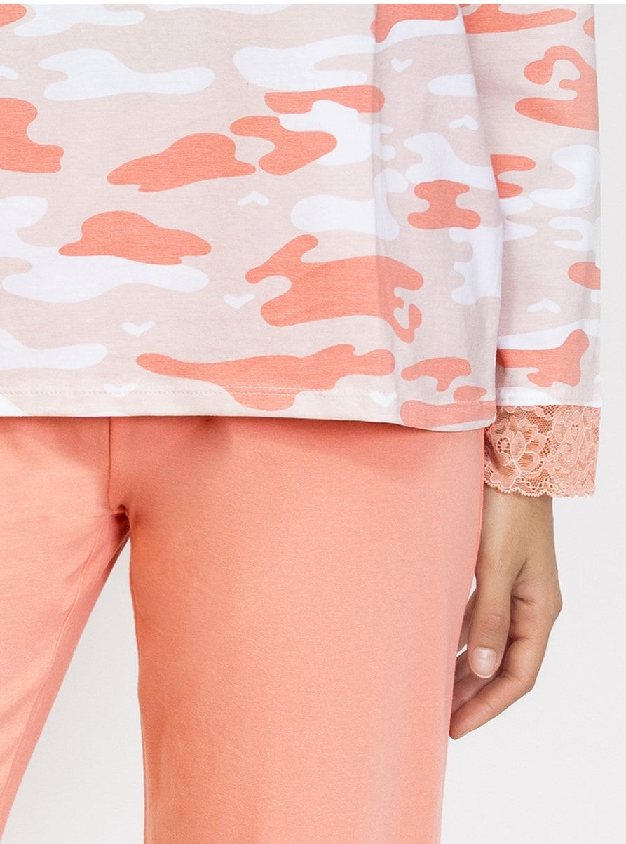 This Camo Cotton Pajama Set is designed with a lightweight, breathable cotton, complete with a stylish camouflage print top and matching solid colour pants.