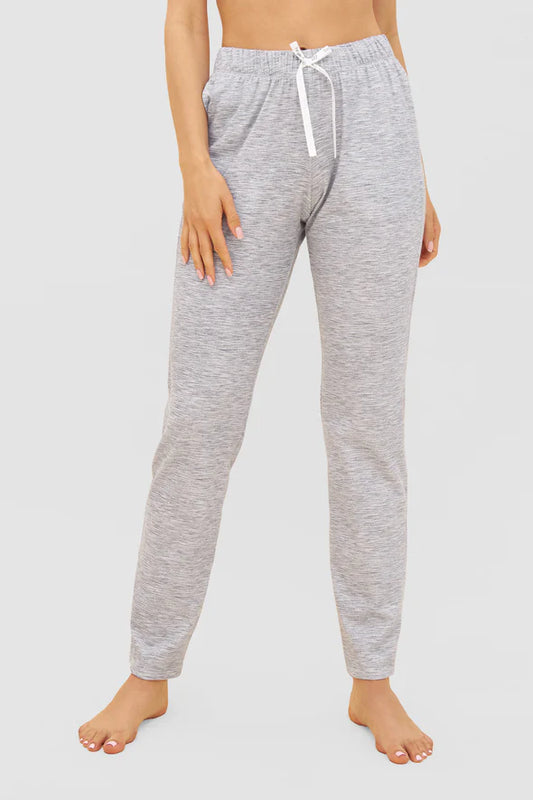 Model is wearing Be Happy Blue Melange Look Cotton Pants front look