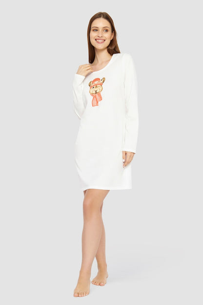 Women is wearing Be Happy Jersey Cotton Night Shirt front picture