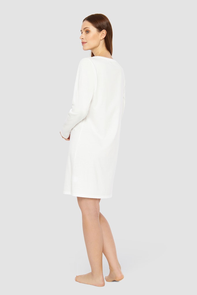 Women is wearing Be Happy Jersey Cotton Night Shirt back picture