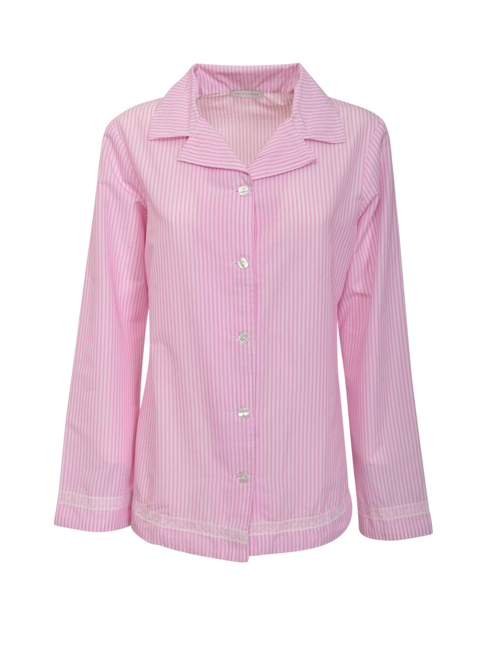 This Verdissima pajama set features a combination of male and female styling, with a button-up shirt top and long pants.