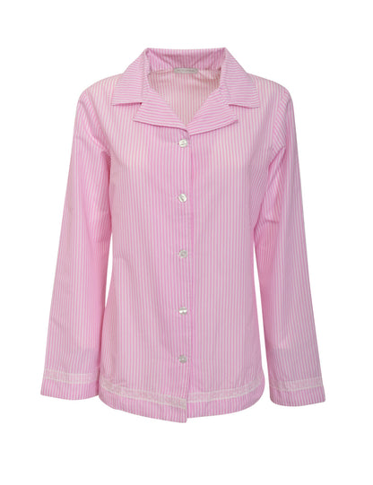 This Verdissima pajama set features a combination of male and female styling, with a button-up shirt top and long pants.