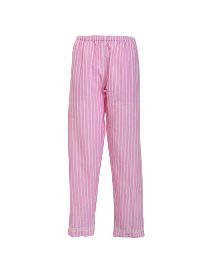 This Verdissima pajama set features a combination of male and female styling, with a button-up shirt top and long pants.