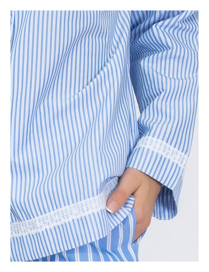 This Verdissima pajama set features a combination of male and female styling, with a button-up shirt top and long pants.