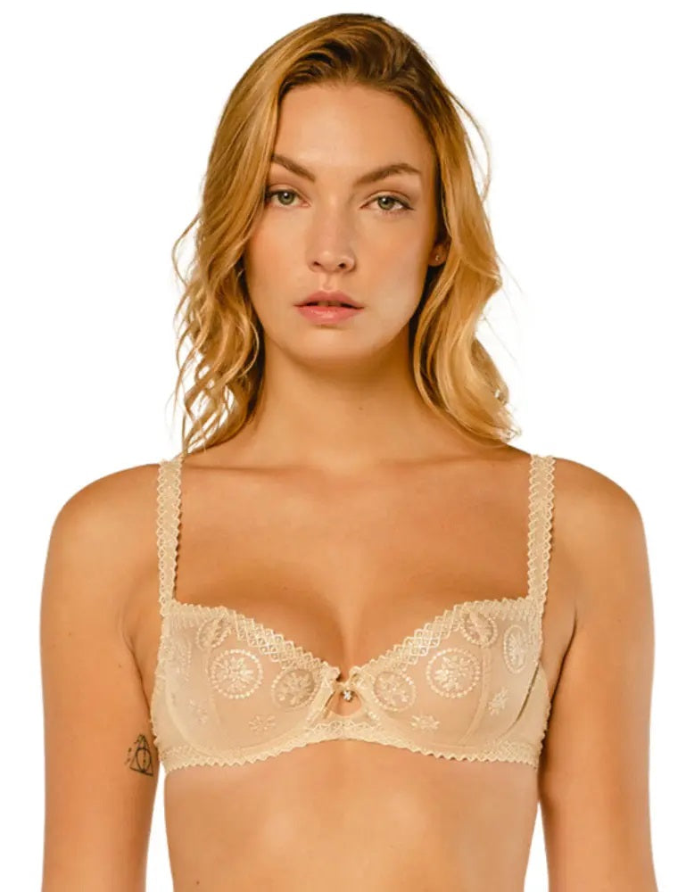 The Chantilly Medallions Balcony Bra from the Louisa Bracq line features a geometric border that accents the lustrous medallions on the cups. 
