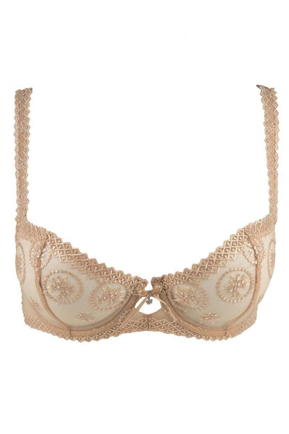 The Chantilly Medallions Balcony Bra from the Louisa Bracq line features a geometric border that accents the lustrous medallions on the cups. 
