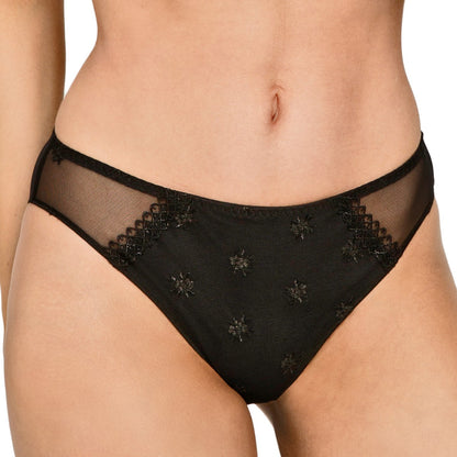Black Louisa Bracq brief from the Chantilly line provides a chic and refined look, featuring a fine tulle front adorned with a geometric bordered panel surrounding by iridescent medallions.